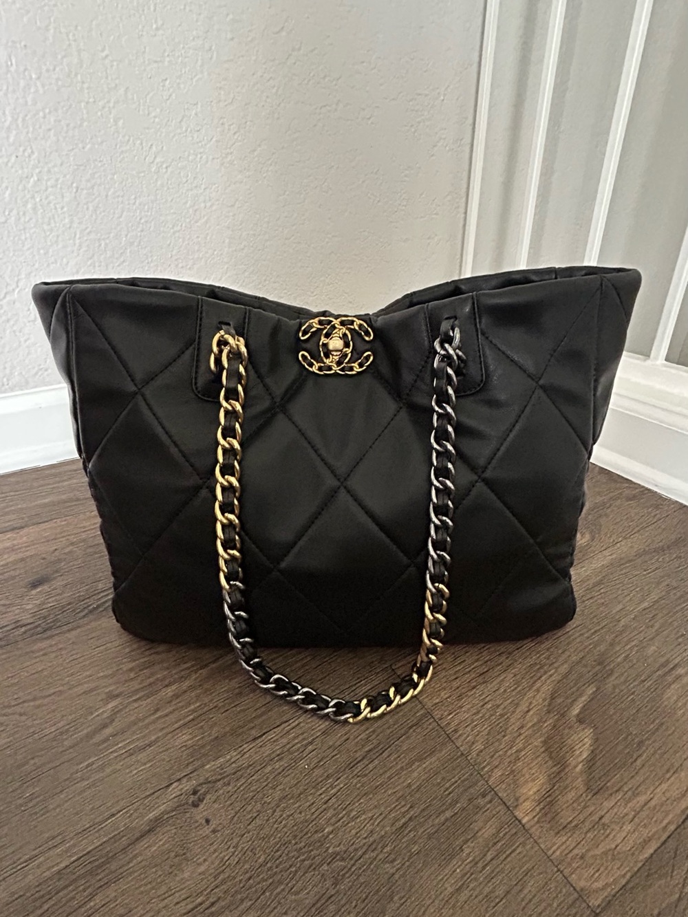 Black Quilted Tote Bag with Gold Chain Accent